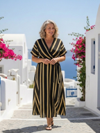 Lina | Short Sleeve V Neck Striped Wrap Midi Dress