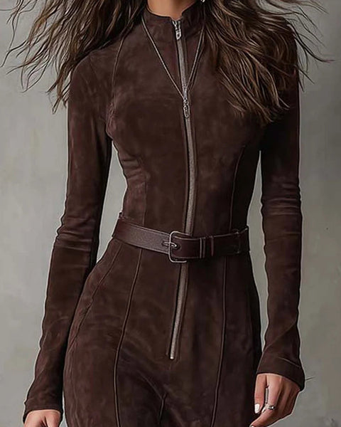Julina - Chic Long Suede-Effect Dress