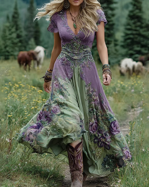 Classy Gradient Purple Lavender And Floral Printed Short Maxi Dress