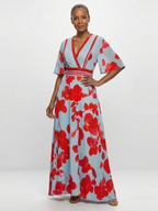 Ellis & Johnson™  | V Neck Short Sleeve Floral Maxi Dress
