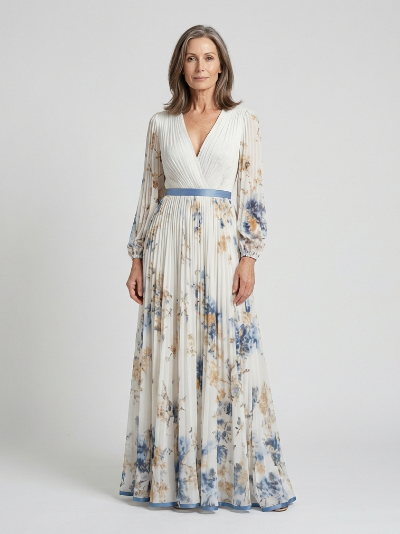 Ellis & Johnson™  | Long Sleeve V Neck Floral Maxi Dress