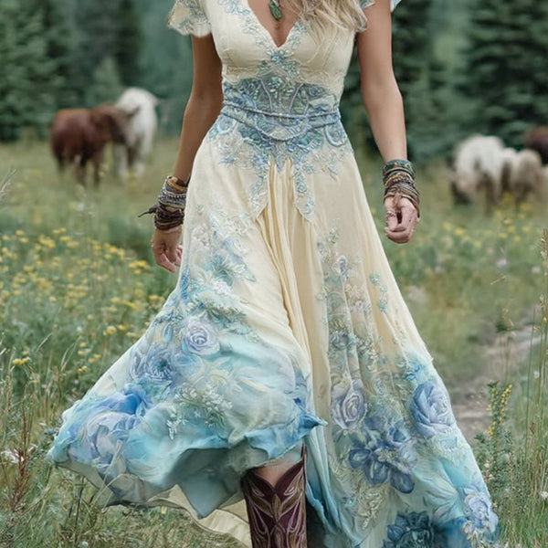 Classy Gradient Purple Lavender And Floral Printed Short Maxi Dress