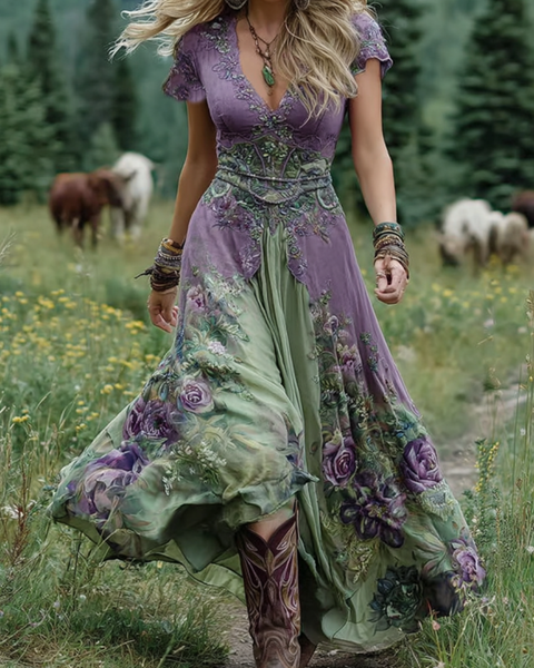 Classy Gradient Purple Lavender And Floral Printed Short Maxi Dress
