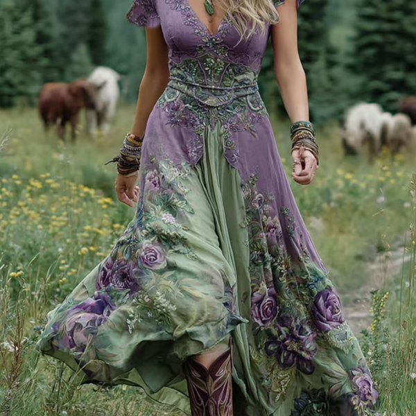 Classy Gradient Purple Lavender And Floral Printed Short Maxi Dress