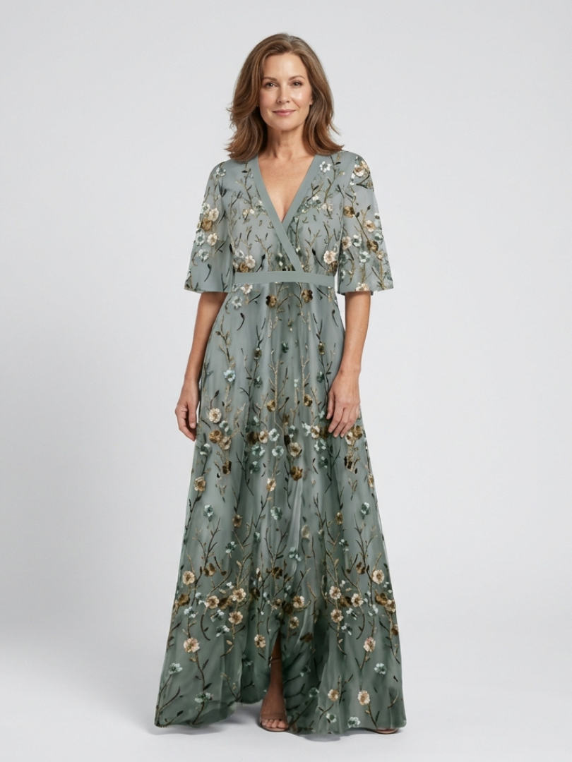 Ellis & Johnson™  | Floral V Neck Short Sleeve Maxi Dress
