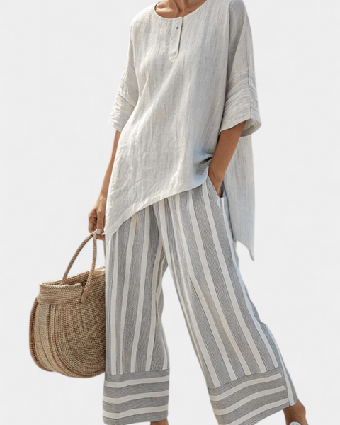 Talvora | Elegant Asymmetrical Blouse & Striped Pants