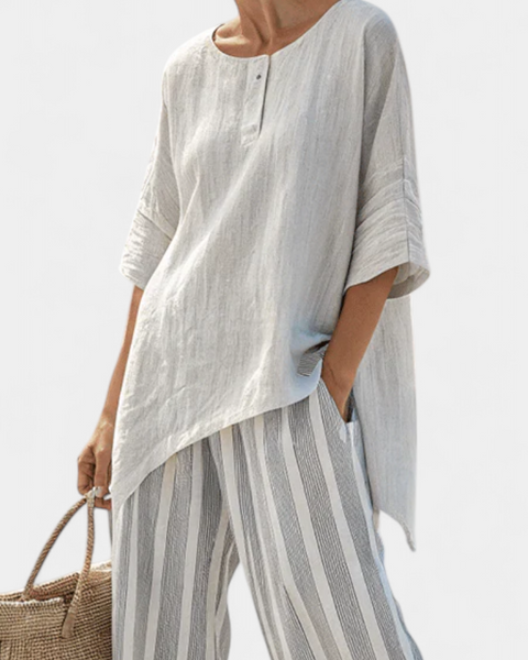 Talvora | Elegant Asymmetrical Blouse & Striped Pants