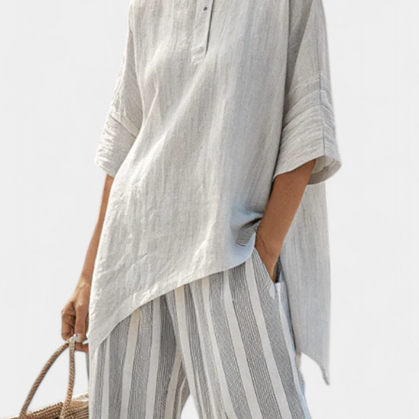 Talvora | Elegant Asymmetrical Blouse & Striped Pants