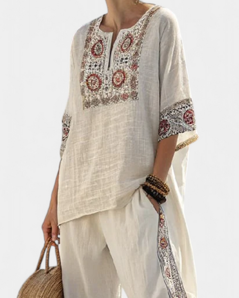 Tameric | Sophisticated Embroidered Raw Blouse & Wide Pants