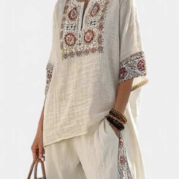 Tameric | Sophisticated Embroidered Raw Blouse & Wide Pants