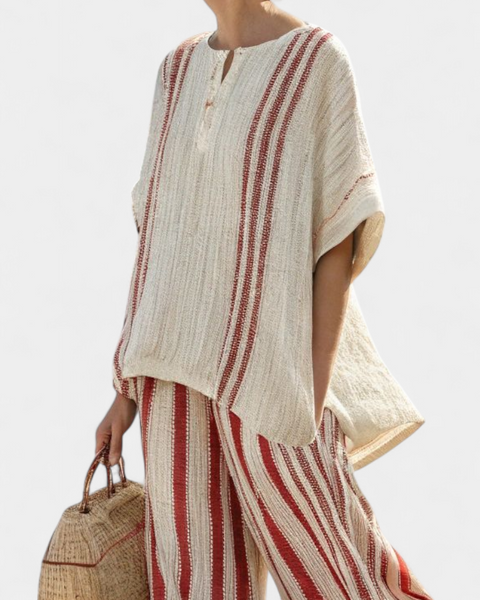 Mirella | Sophisticated Textured Red-Stripe Top & Linen Pants