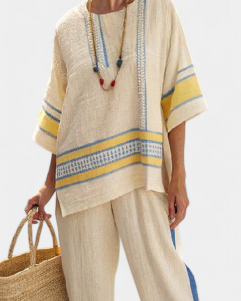 Jaxmere | Comfortable Blue-Yellow Mediterranean Top & Linen Pants