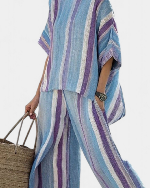 Faelith | Elegant Mauve Pastel Top & Striped Linen Pants