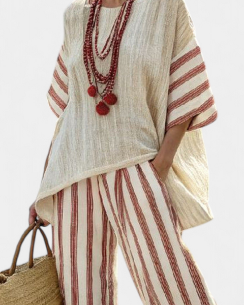 Braelith | Elegant Rustic Striped Top & Cream Linen Pants