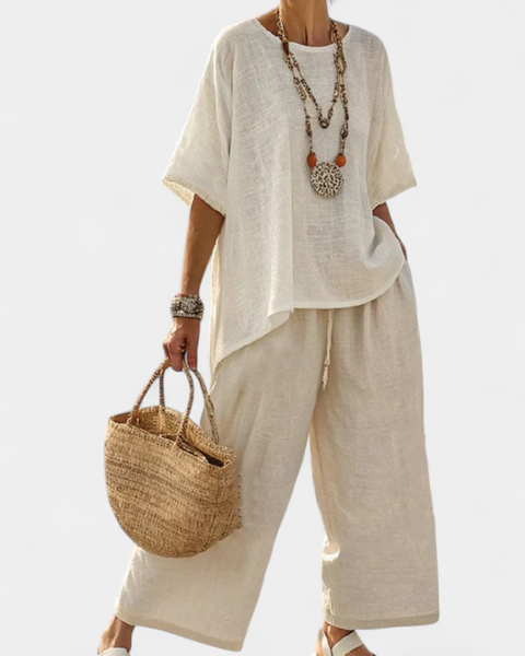 Drevon | Comfortable Minimalist Raw Blouse & Wide-Leg Pants