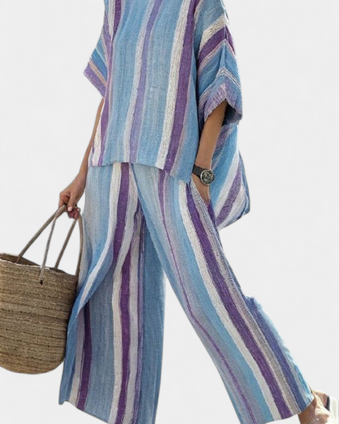 Faelith | Elegant Mauve Pastel Top & Striped Linen Pants