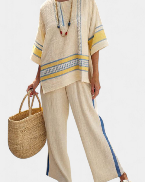 Jaxmere | Comfortable Blue-Yellow Mediterranean Top & Linen Pants