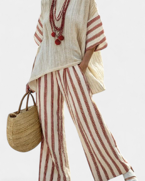 Braelith | Elegant Rustic Striped Top & Cream Linen Pants