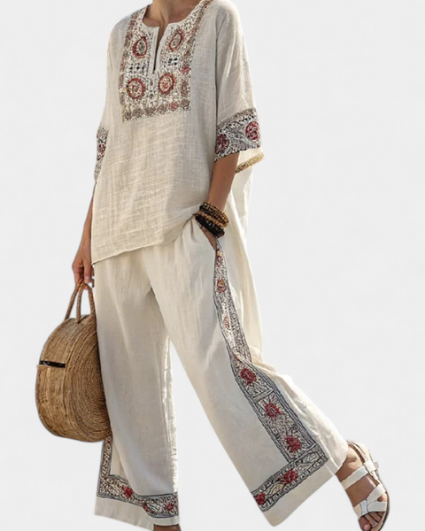 Tameric | Sophisticated Embroidered Raw Blouse & Wide Pants
