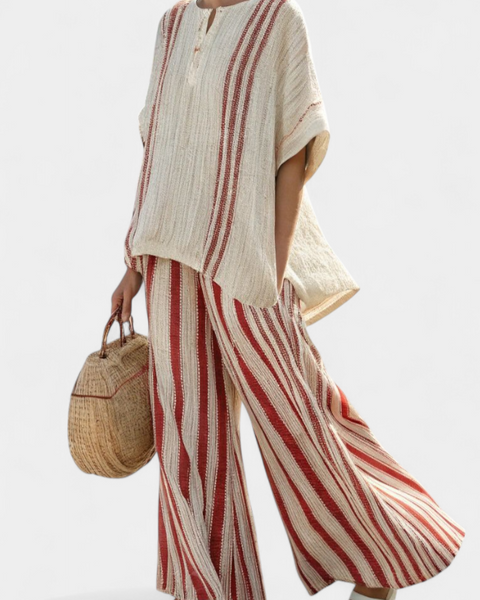 Mirella | Sophisticated Textured Red-Stripe Top & Linen Pants