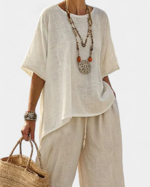 Drevon | Comfortable Minimalist Raw Blouse & Wide-Leg Pants