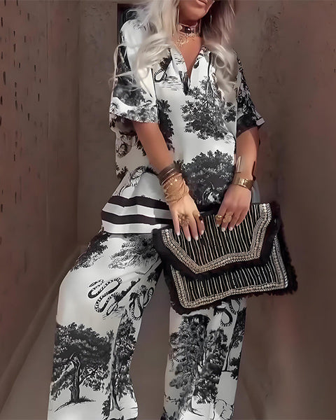 Printed Top with V-Neck + Long Pants